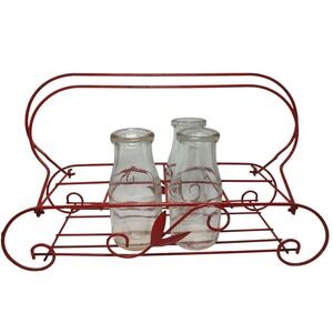 Vintage Red Wire Milk Bottle Holder Six Slots‎ With Three Half Pint Bottles E63